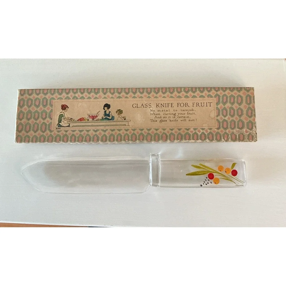 Vintage Painted Fruit & Flowers Clear Glass Fruit/Cake Knife In Original Box